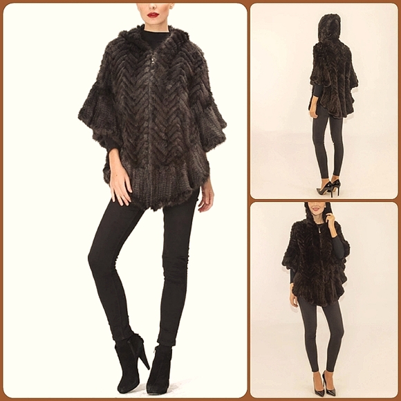 Belle Fare Knitted Mink Poncho Cape With Hood - Picture 2 of 13